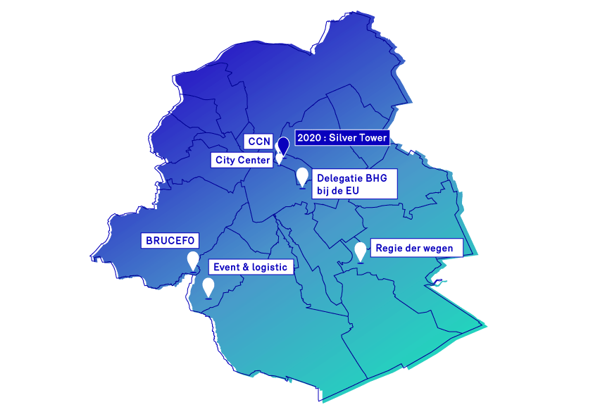 Voorafspiegeling van de verschillende sites van de Gewestelijke Overheidsdienst Brussel eind 2020 [Regie der wegen - Delta, Brucefo, Delegatie bij de EU, Event & logistic - Lusambo, Silver Tower]