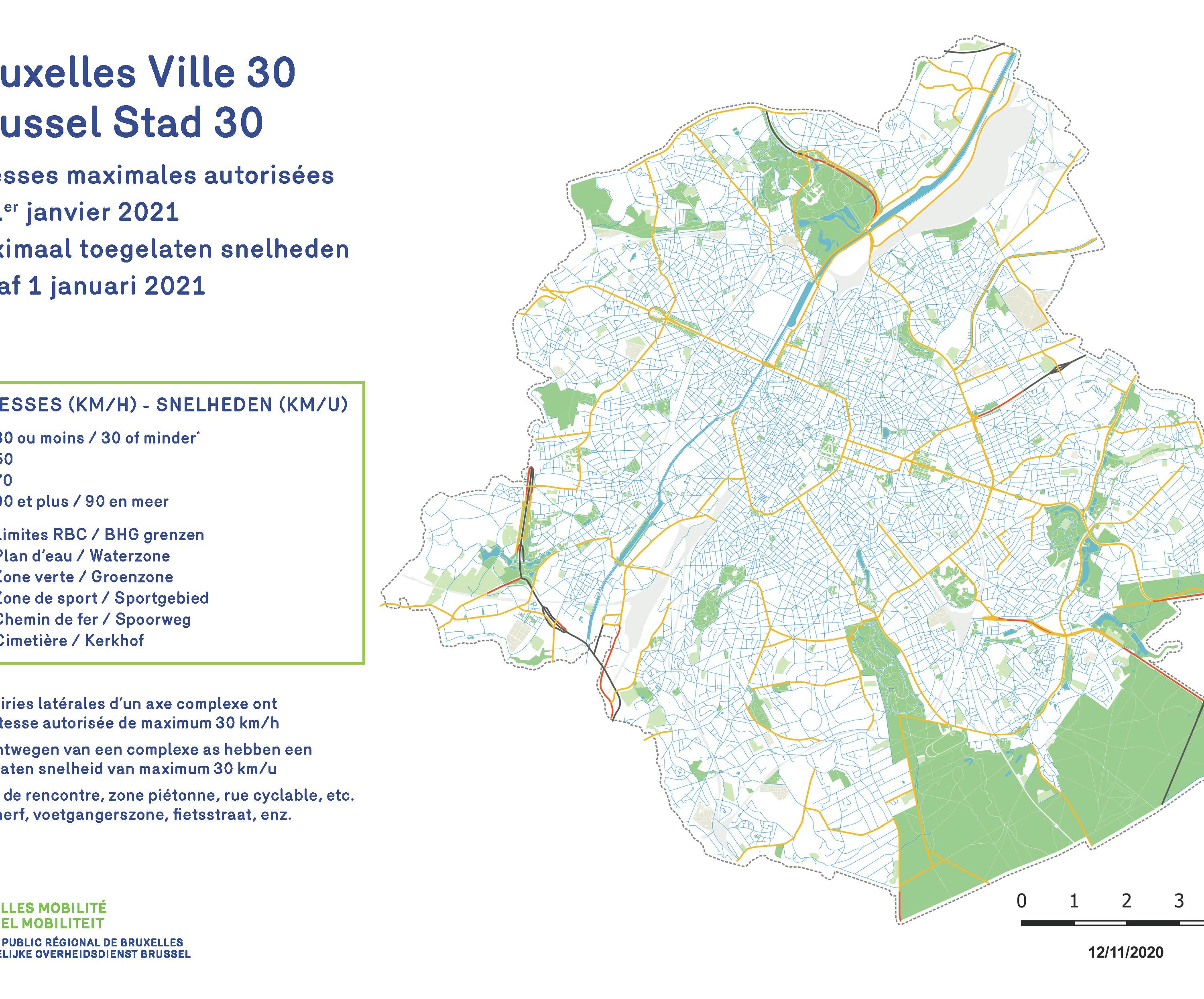 Kaart van Brussel met de maximaal toegelaten snelheden