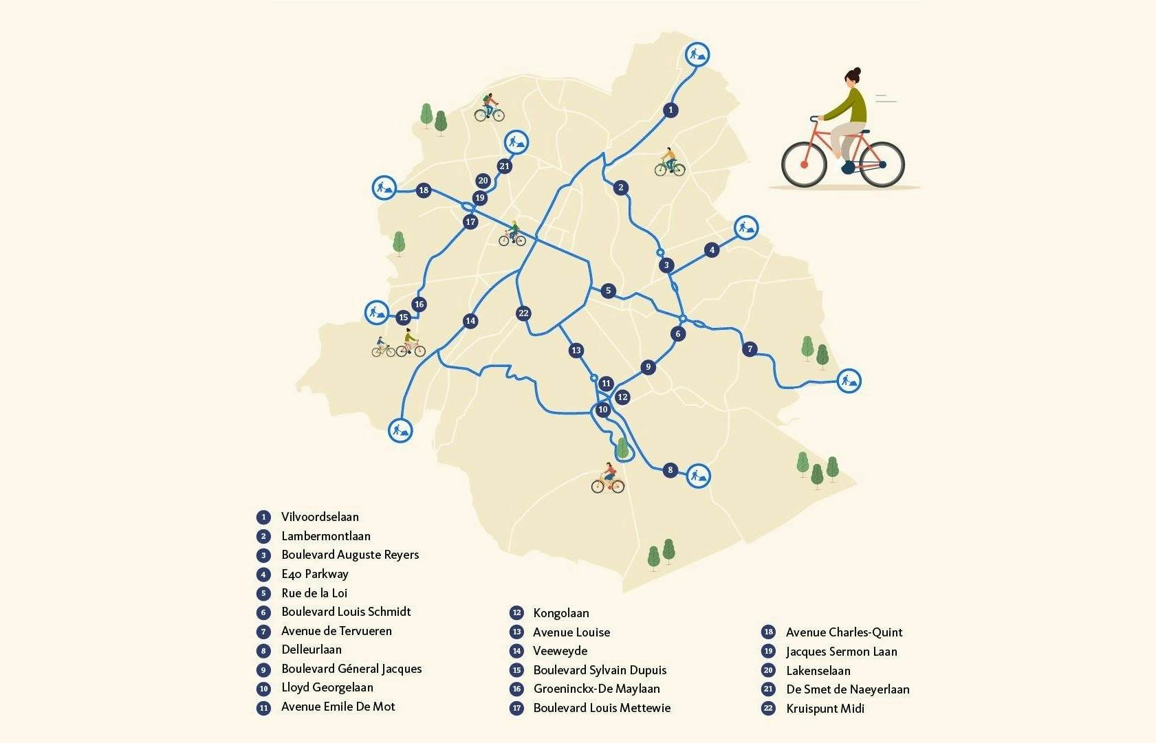 Kaart van de 40 km nieuwe fietspaden in Brussel
