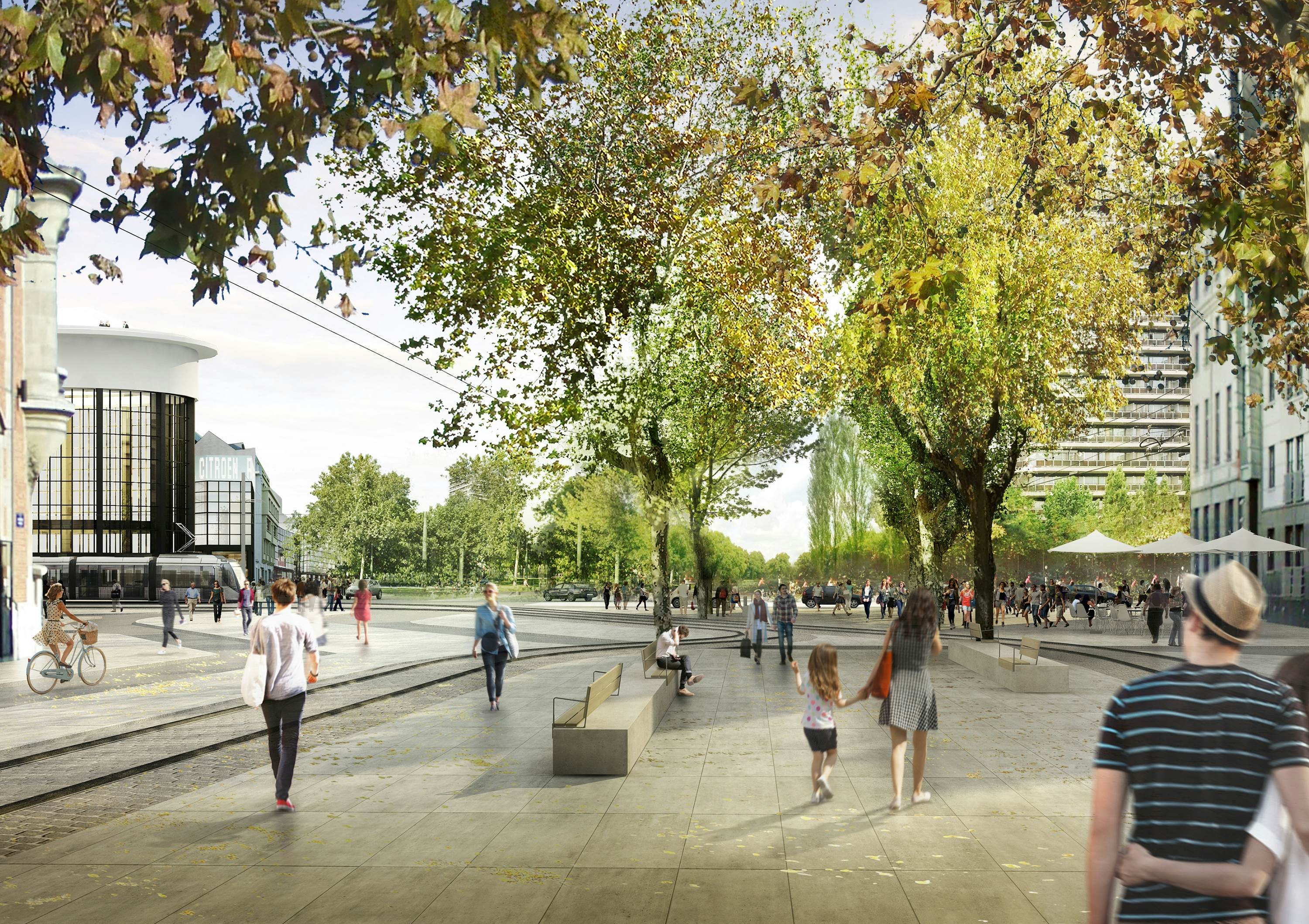 Tramrails die de boomrijke voetgangerszone kruisen.
