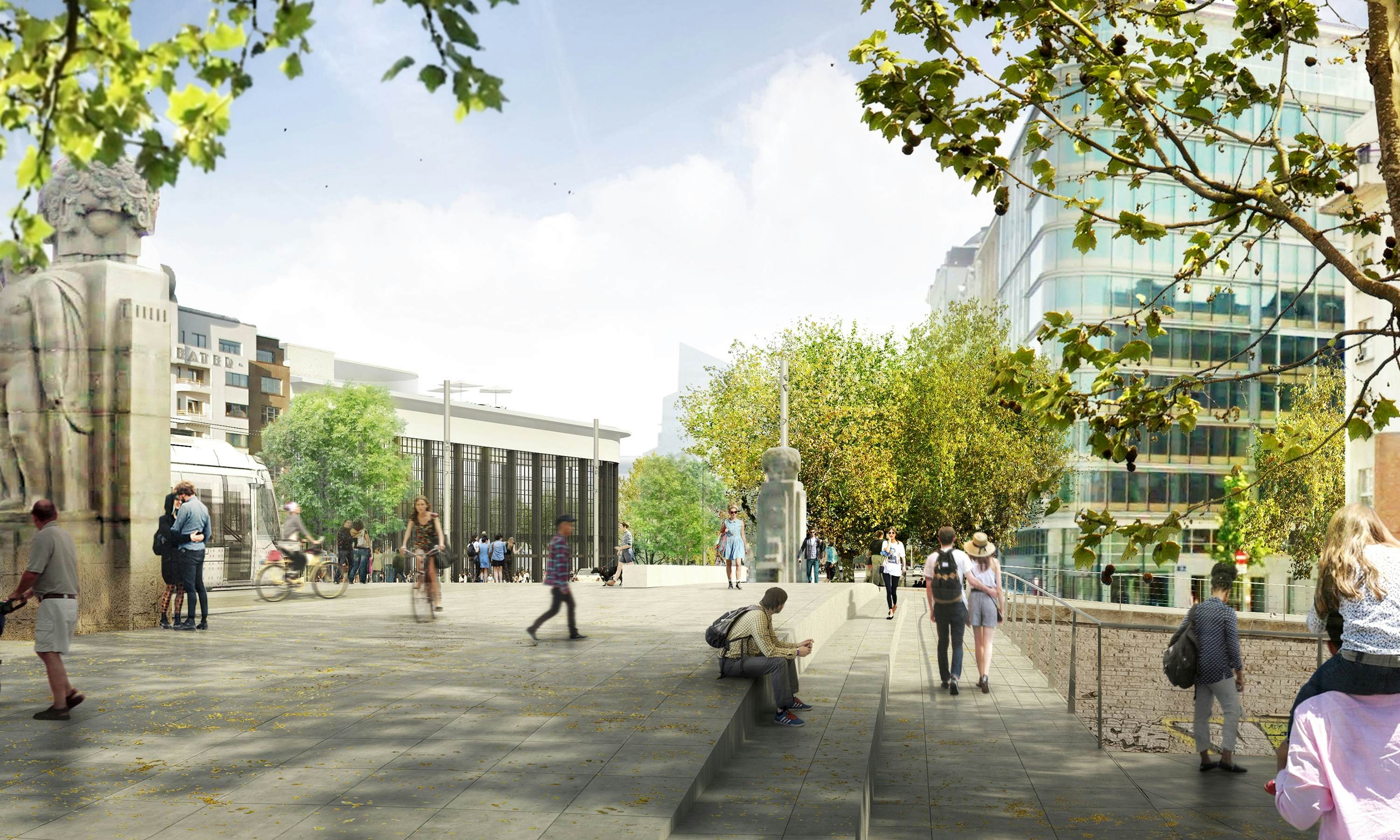 Beeld van het toekomstige voetgangersgedeelte met een standbeeld en twee trappen.