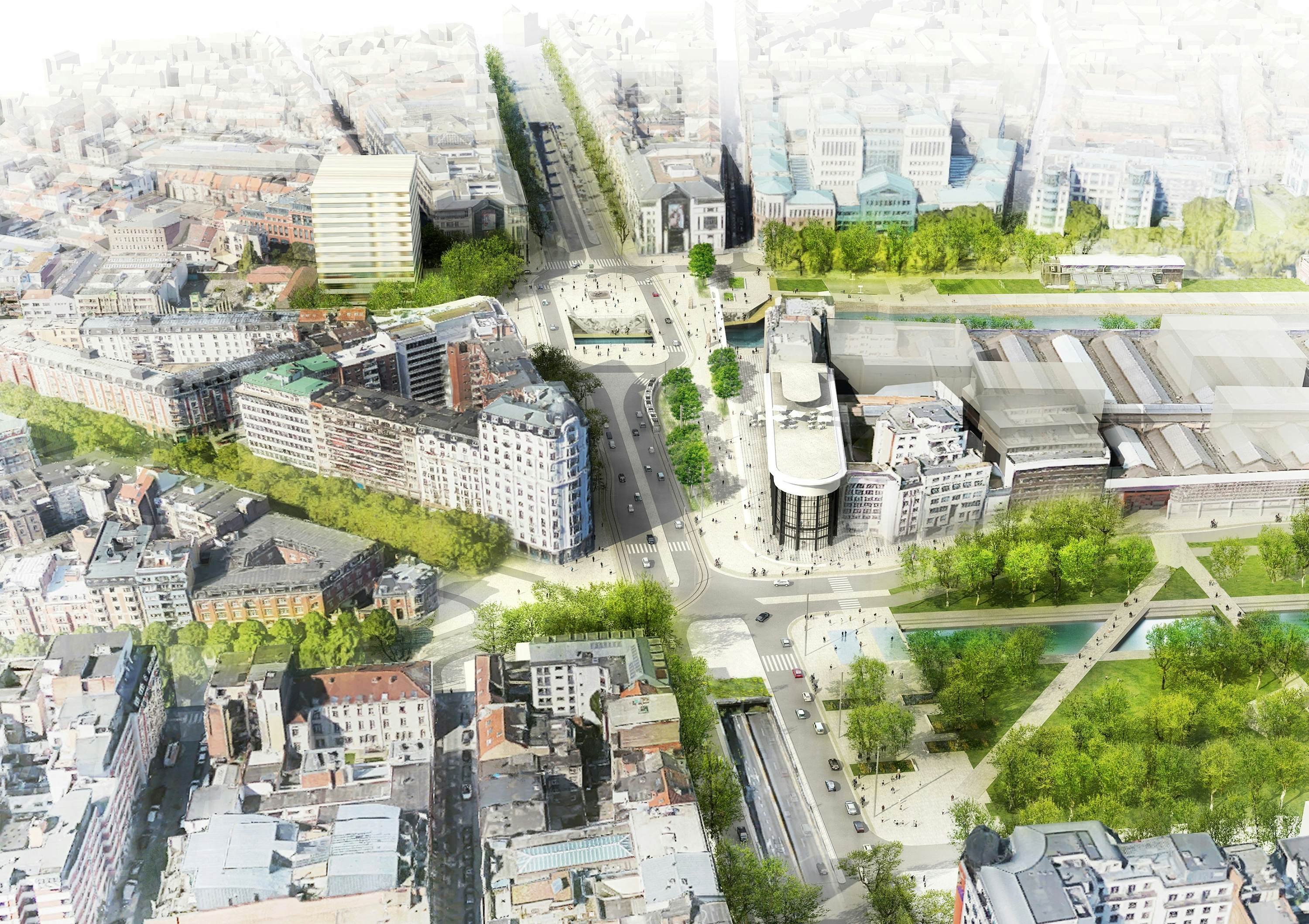 Luchtfoto van het plein en zijn omgeving met de auto- en voetgangersbruggen en het boomrijke deel.
